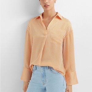 Club Monaco Size XS New Gingham Popover Pocket Shirt plaid orange white blouse